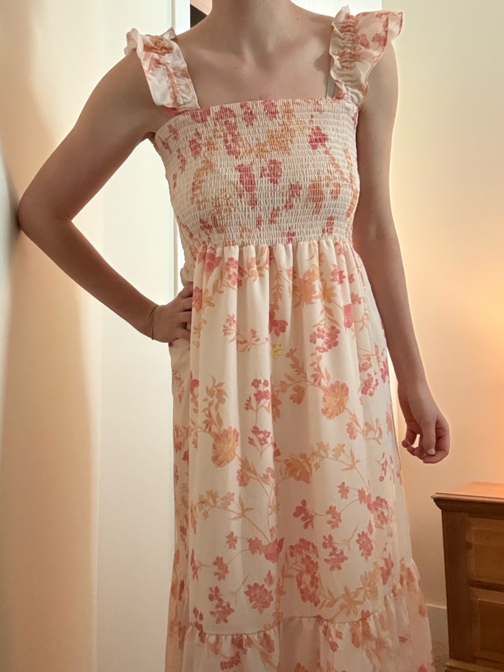 French Connection Peach Maxi Dress with Pink and Orange Floral Print